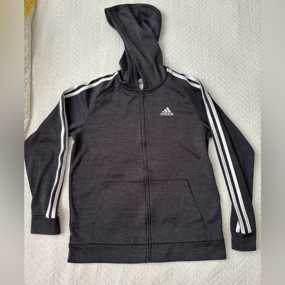 Adidas Youth Charcoal zip up Hoodie with White Stripes